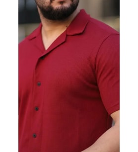 Erkek Waffle Kumaş Kısa Kollu Gömlek Şort Takım Regular Fit Yazlık İkili Set - Bordo