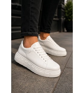 ARES Bağcıklı Cilt Erkek Günlük Sneaker Yüksek Taban Ayakkabı - Beyaz