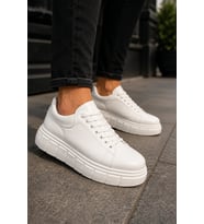 ARES Bağcıklı Cilt Erkek Günlük Sneaker Yüksek Taban Ayakkabı - Beyaz