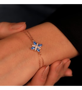 925 Ayar Gümüş Aquamarine Taşlı Kamelya Çiçeği Bileklik