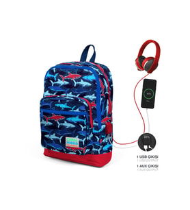 Coral High Kids Dört Bölmeli Lacivert Köpek Balığı Desenli İlkokul Çantası USB Şarjlı Kulaklık Çıkışlı 23818