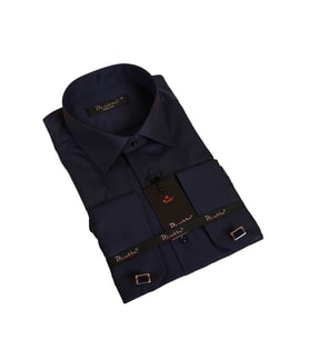 Lacivert Dar Kesim Micro Kumaş Kol Düğmeli Slim Fit Erkek Gömlek - 201-12