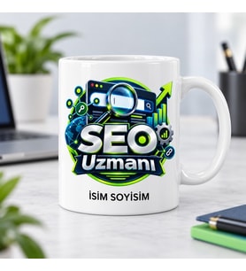 SEO Uzmanı Kupa Bardak Büyüteç Arama Ekranı ve Grafik Desenli
