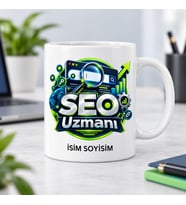 SEO Uzmanı Kupa Bardak Büyüteç Arama Ekranı ve Grafik Desenli