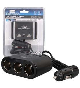 Olesson 1653 12-24V Çift USB + TYPE-C Girişli 100W 70Cm Kablolu 3 Lü Araç Çakmak Çoklayıcı