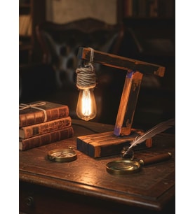 WoodyLight Rustik El Yapımı Masif Ahşap Masa Lambası - Retro Edison Tasarım Dekoratif Gece Lambası