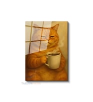 Dikey Cam Tablo Salon Duvar Tablosu Dikey Cam Kahve İcen Kedi Yeni Ev Hediyesi Ofis Tablosu
