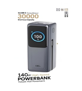 30000mAh 140W Hızlı Şarjlı TFT Ekranlı Kendinden Type-C Kablolu 2Type-C 1USB Girişli Powerbank