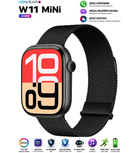 Watch W- 11 Mini 41mm Akıllı Saat Android iPhone Uyumlu AMOLED Ekran Sesli Görüşme NFC Yapay Zeka ( Siyah )