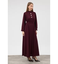 Düğme Detaylı Örme Triko Elbise - Bordo