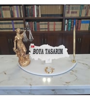 Doğal Beyaz Mermer İsimlik Sümen Takımı Kalem ve Terazi Metal Ay Yıldızlı