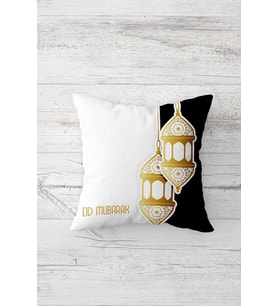 Eid Mubarak Fener Desenli Çift Tarafı Baskılı Gizli Fermuarlı Yastık Kılıfı Kırlent Yastık Kılıfı (Beyaz)