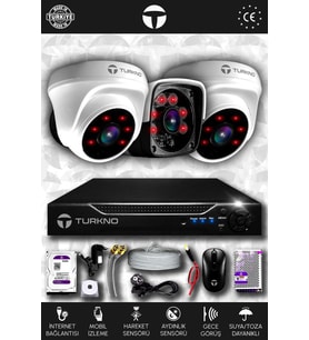 TURKNO 3 Kameralı Pania 2 İç Kamera Set 500 GB HDD Full HD Gece Görüşlü Güvenlik Kamerası Sistemi