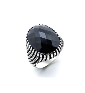 925 Ayar Gümüş Siyah Zirkon Taşlı Erkek Oval Yüzük