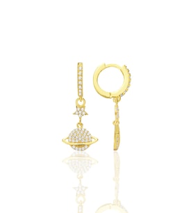 Gümüş altın yaldızlı zirkon taşlı yıldızlı satürn gezegen küpe SGTL12707GOLD