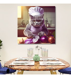 Kare Kanvas Mutfak Tablosu Aşçı Hayvanlar British Shorthair Kedi