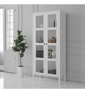 Venezia Cam Kapaklı  Ahşap Ayaklı Çok Amaçlı Dolap, Vitrin, Erzak Dolabı - Minifiks - Wood Beyaz