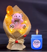 Led Işıklı Pembe Ayıcık Buketi ve Kokulu Mum Hediye Seti  Sevgiliye Arkadaşa Hediye (Mavi)