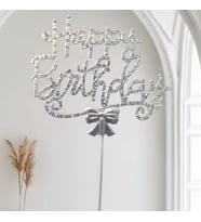 Gümüş Happy Birthday Lüx Taşlı Pasta Süsü