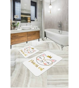 Ekru Kedi Temalı Banyo Halısı Klozet 2'li Paspas Seti BS256