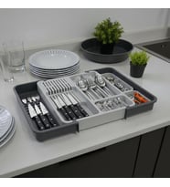Çekmece İçi Sürgülü Çatal Kaşık ve Bıçaklık Organizeri - Genişleyebilir Modüler Mutfak Düzenleyici (Açık 55 cm, Kapalı 34 cm) - Açık Gri ve Antrasit Renk