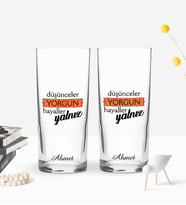 BK Gift Kişiye Özel Renkli Baskılı Düşünceler Yorgun Tasarımlı İkili Rakı Bardağı Seti-1 (Beyaz)