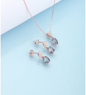 925 Ayar Gümüş Oval Mistik Topaz Taşlı Kolye Küpe Set
