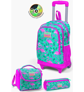 Coral High Kids Su Yeşili Pembe Flamingo Desenli Çekçekli 3’lü Okul Çanta Seti SET0123912