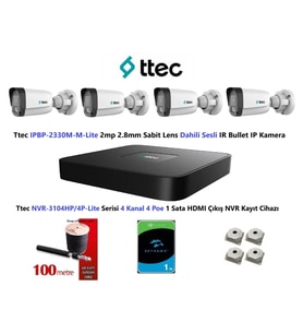 Ttec 2mp Mikrofonlu 4 Kameralı 1TB Disk Tak Çalıştır Hazır IP Kamera Seti