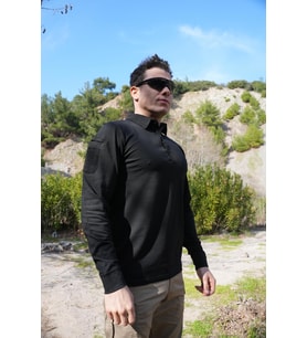 Siyah Uzun Kollu Taktik Polo Yaka Tişört, 2 Cepli Uzun Kollu T-Shirt