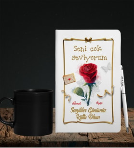 Sevgililer Gününe Özel Defter Kalem & Siyah Varil Kupa Hediye Seti 15