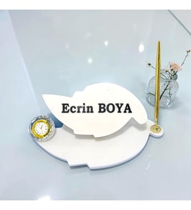 Sümen Ofis için Doğal Beyaz Mermer Yaprak İsimlik Gold Tasarımlı Kalem ve Saat li