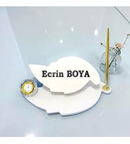 Sümen Ofis için Doğal Beyaz Mermer Yaprak İsimlik Gold Tasarımlı Kalem ve Saat li