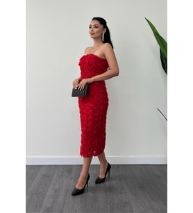 Üç Boyutlu Kumaş Bolero Detaylı Kalem Elbise - KIRMIZI