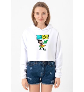 Teen Titans Go Robin Beyaz Optik Kadın Crop Kapşonlu (A.Beyaz)