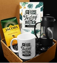 Özel Tasarım Kupa & Özel Tasarım Defter & French Press & 250 Gram Jacobs Selection Filtre Kahve Hediye Seti