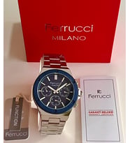 Ferrucci Gümüş Renk Fonksiyonları Aktif 42 mm Kasa Çap Erkek Kol Saati+Bileklik (Gümüş-Lacivert)