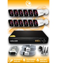 ELITCAM 12 Kameralı Kare 12 Dış Kamera Set HDD'siz Full HD Gece Görüşlü Güvenlik Kamerası Sistemi