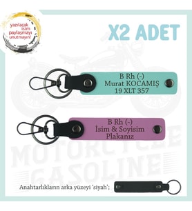 Motosiklet Kuryesi İçin, İsim Plaka ve B Rh (-) Kan Grubu Yazılı, 2'li Anahtarlık, Pembe-Turkuaz-Syh (Çok Renkli)