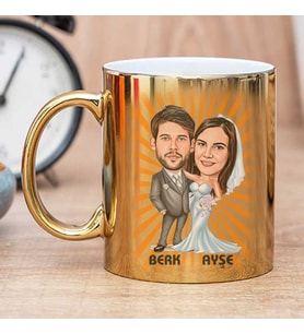 Kişiye Özel Gelin Damat Karikatürlü Aynalı Kupa Bardak