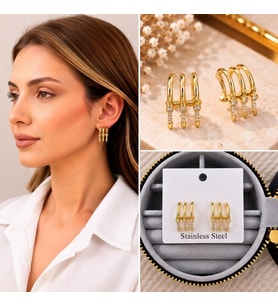 Premium Parlak ve Şık Gold Renk Üçlü Taş Detaylı Halka Kadın Çelik Küpe