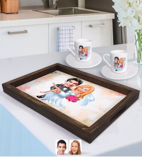 BK Gift Kişiye Özel Evleniyoruz Karikatürlü Doğal Ahşap Tepsi ve 2’li Kahve Fincan Seti-9