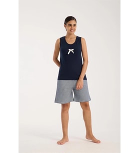pilelistore- Kadın Lacivert Kurdele Detaylı Çizgili Şortlu Pijama Takımı