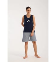 pilelistore- Kadın Lacivert Kurdele Detaylı Çizgili Şortlu Pijama Takımı