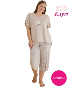 Seamlife Büyük Beden Düğmesiz Viskon Kısa Kol Geniş Paça Kapri Pijama Takımı-Geniş Beden Aralığı Büyük Kalıp (Bej)