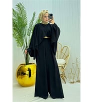 Neşeli butik kadın pelerinli kemer detaylı tesettür tulum NMS061 (Siyah)