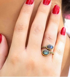 Doğal Taş Labradorit İkili Doğal Taşlı Antik Model Kadın Ayarlanabillir Yüzük euy75lbt (Gri)