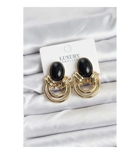 Mey İthalat® Pirinç Gold Renk Siyah Taşlı Vintage Kadın Küpe