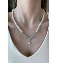 Taşlı Doğal İnci Küpe Kolye Bileklik Üçlü Set (Rose)