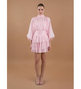 Drapeli Şifon Balıkçı Yaka Mini Elbise Pembe (STD)